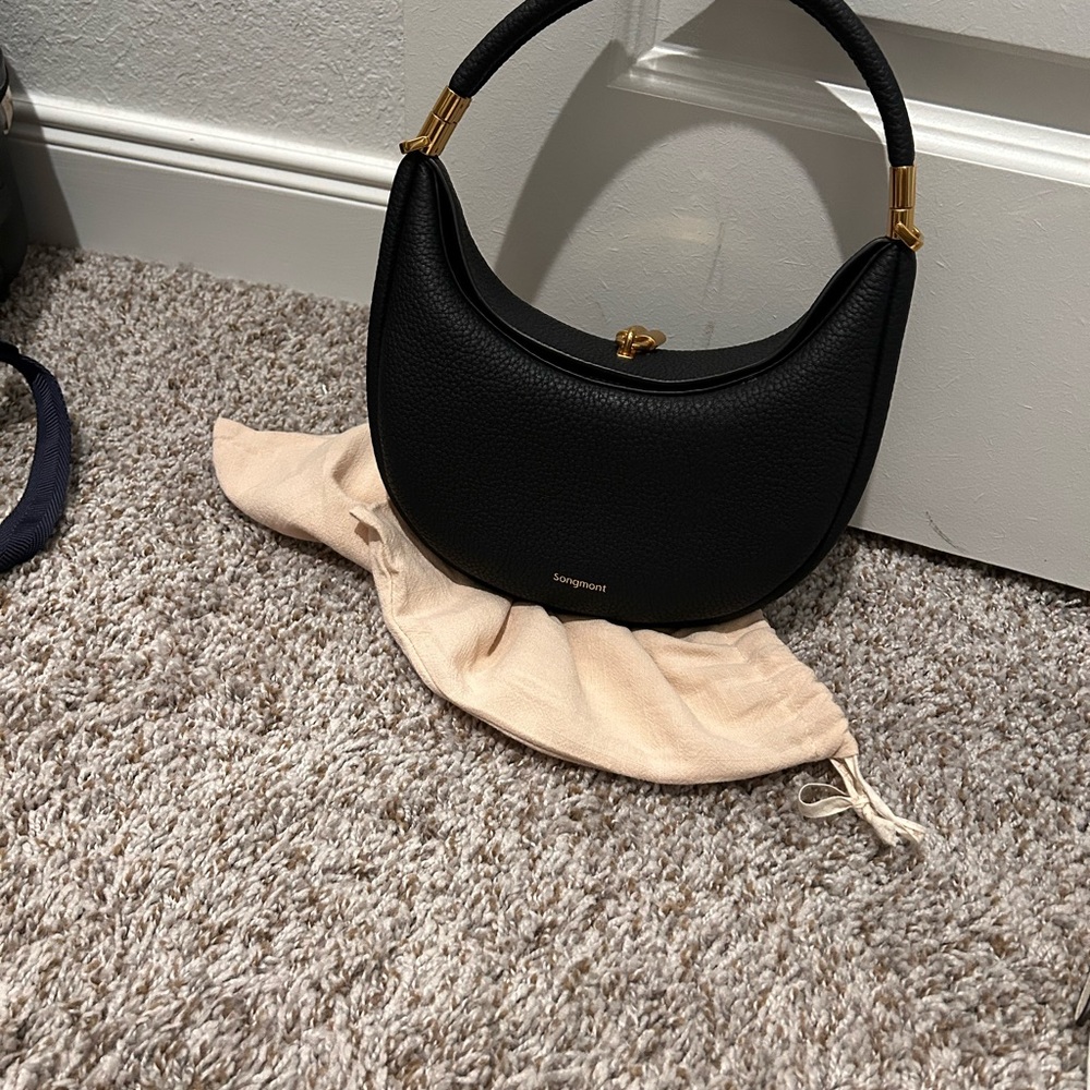 Songmont Black Leather Shoulder Bag with Gold Accents